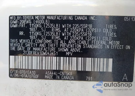 2013 Toyota Rav4 Limited from USA, damaged, VIN 2T3DFREV1DW043451